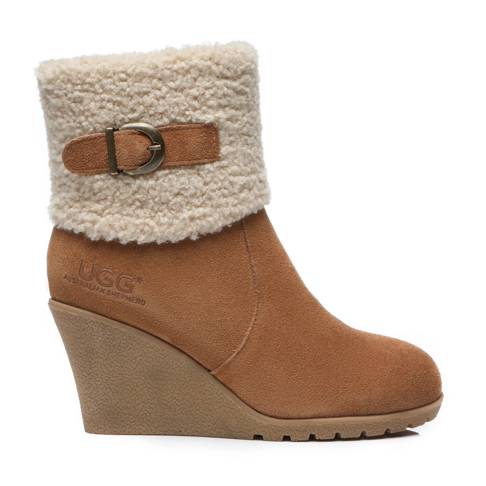 UGG Women's Brown Shearling Jonna Wedge Boots 7/8